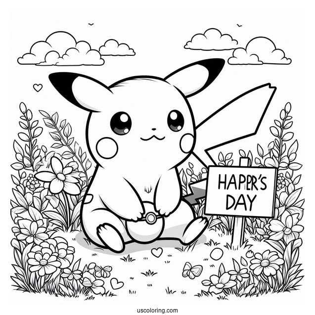 Pikachu Sitting On A Flower Field With A Father's Day Coloring Page Of Sign