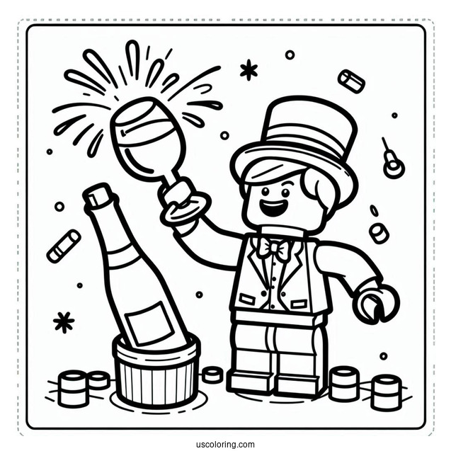 Lego Man Popping A Wine Bottle On New Year Coloring Page