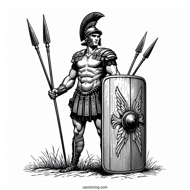 Realistic Roman Soldier Coloring Page With Shield And Spears
