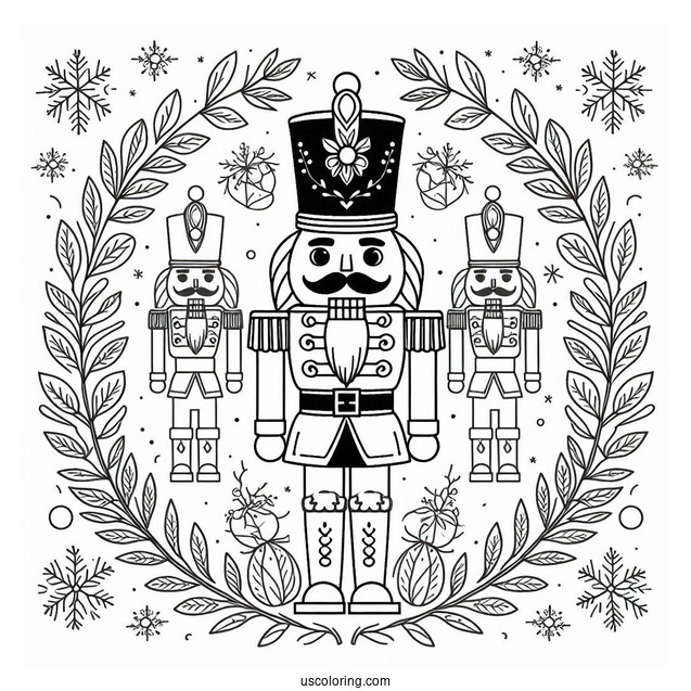Nutcracker Coloring Page Guards With Laurels And Snowflakes In The Background