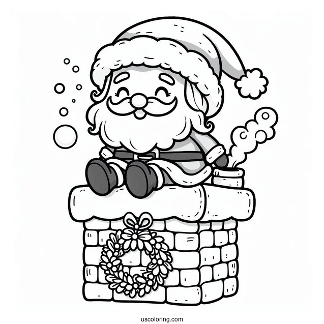 Coloring Page Of a Cute Santa Going Down a Chimney