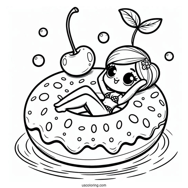 Donut Coloring Page With Cherry Lounging In A Floaty