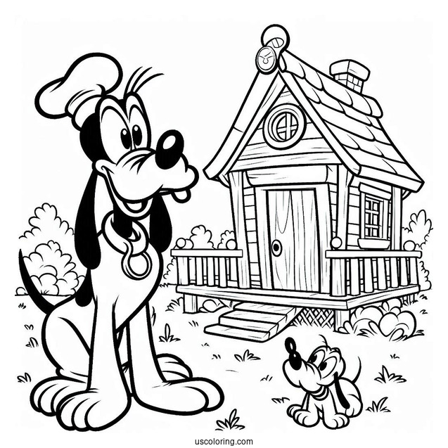 Confuse Goofy Standing Outside Dog House With Pluto Coloring Page