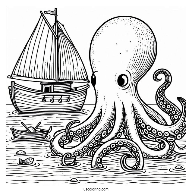 Gian Octopus Coloring Page Peering At Boat
