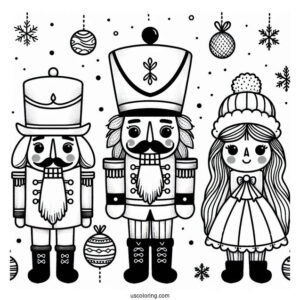 Nutcracker Coloring Page Wearing Different Hats With Snow In The Background