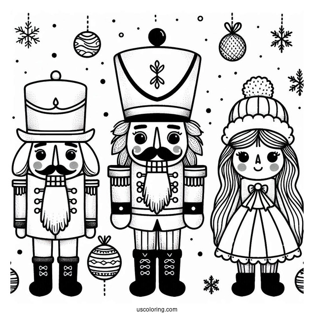 Nutcracker Coloring Page Wearing Different Hats With Snow In The Background