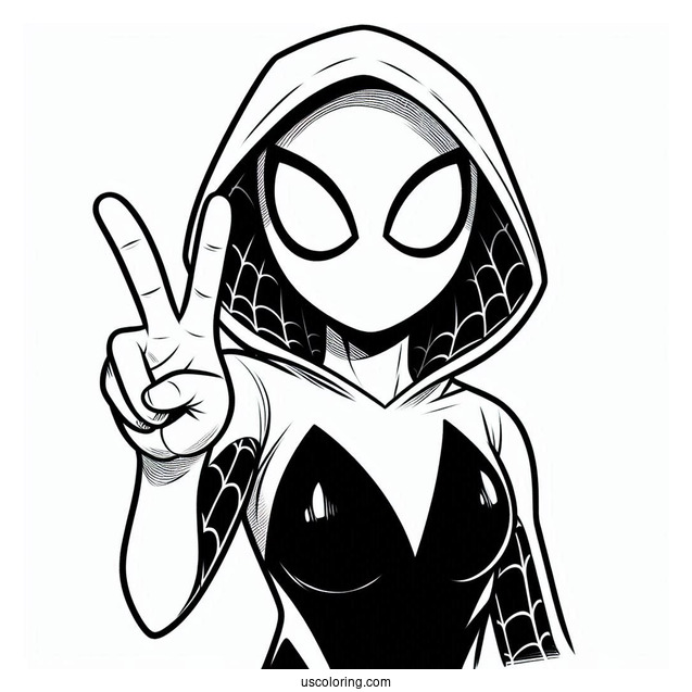 Simple Spider-Gwen Coloring Page Doing Peace Sign For Kids