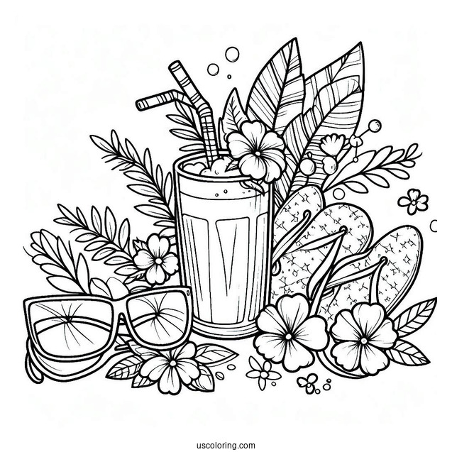 Summer Coloring Page Of Drink, Flowers, Sunglasses, And Flip Flops