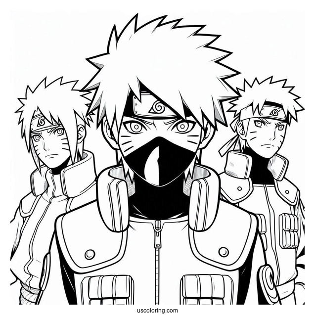 Kakashi Coloring Page Of Obito, Rin, Minato, And Young Naruto For Kids