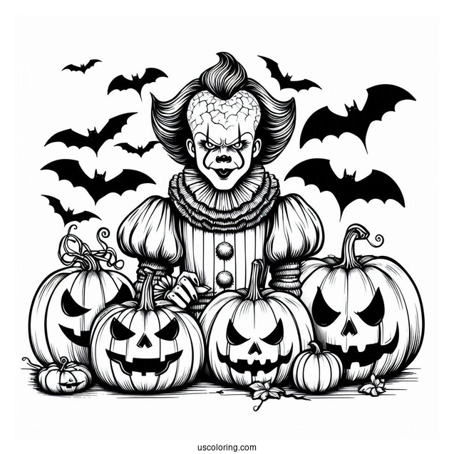 Pennywise Coloring Page With Bats And Jack O Lanterns