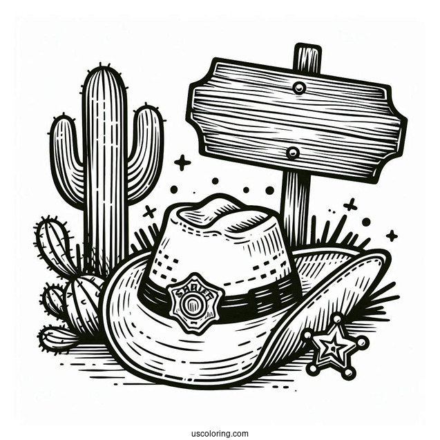 Cowboy Coloring Page Hat, Sheriff s Badge, Cactus, And Wooden Road Sign