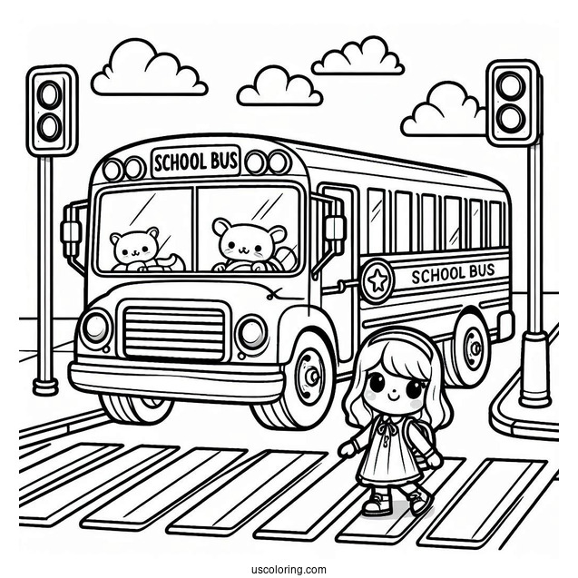 School Bus Coloring Page Waiting For Kids To Cross The Street
