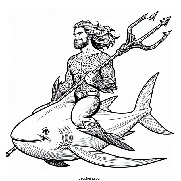 Aquaman Coloring Page Holding his Trident While Riding A Manta Ray