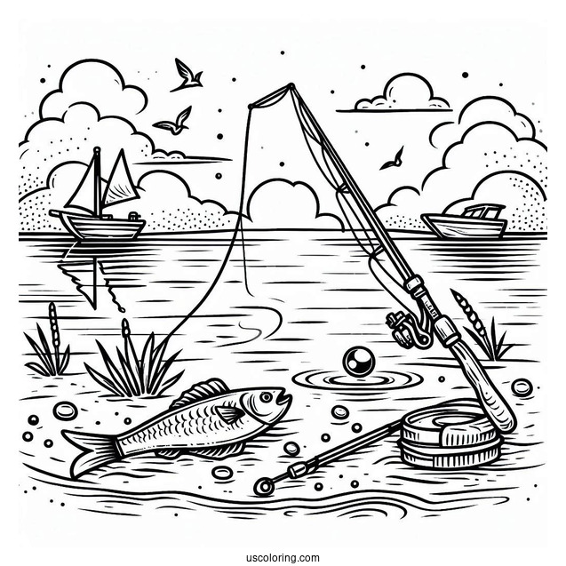 Fishing Coloring Page Of Gone Fishing With Rod And Bobber