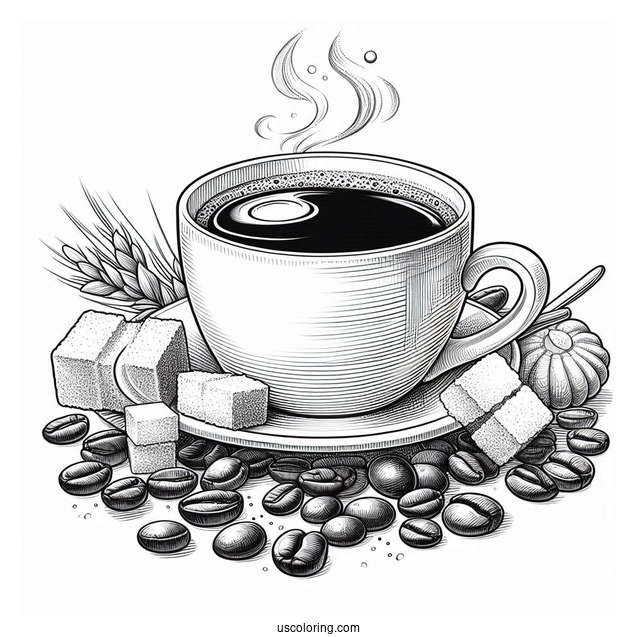 Realistic Cup Of Coffee Coloring Pages With Maracon, Sugar Cubes, And Beans