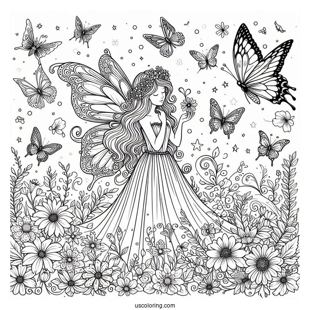 Beautiful Fairy Surrounded By Butterflies On A Flower Field