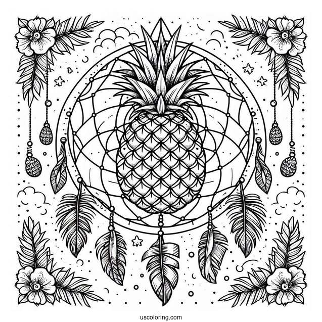 Pineapple Coloring Page Dreamcatcher With Mandala and Coconuts