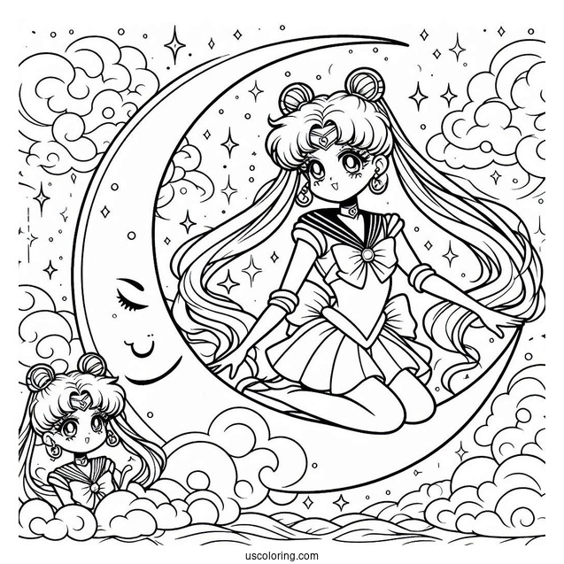 Easy Coloring Page Of Sailor Moon On Crescent Moon