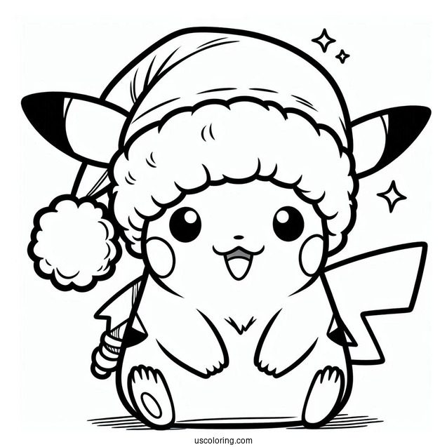 Cute Pikachu Wearing Santa Hat Christmas Coloring Sheet