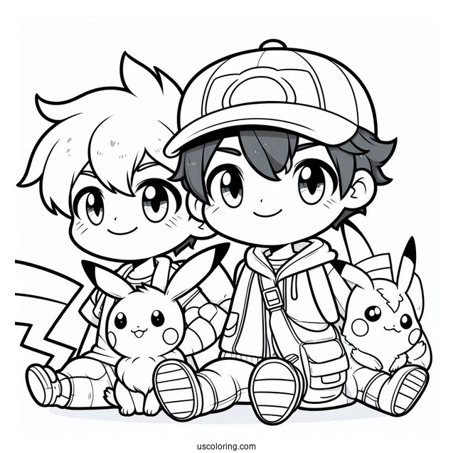 Cute Coloring Page Pokemon Trainer With Pikachu And Eevee