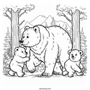 Mama Bear Coloring Page Walking With Her Two Cubs In Forest