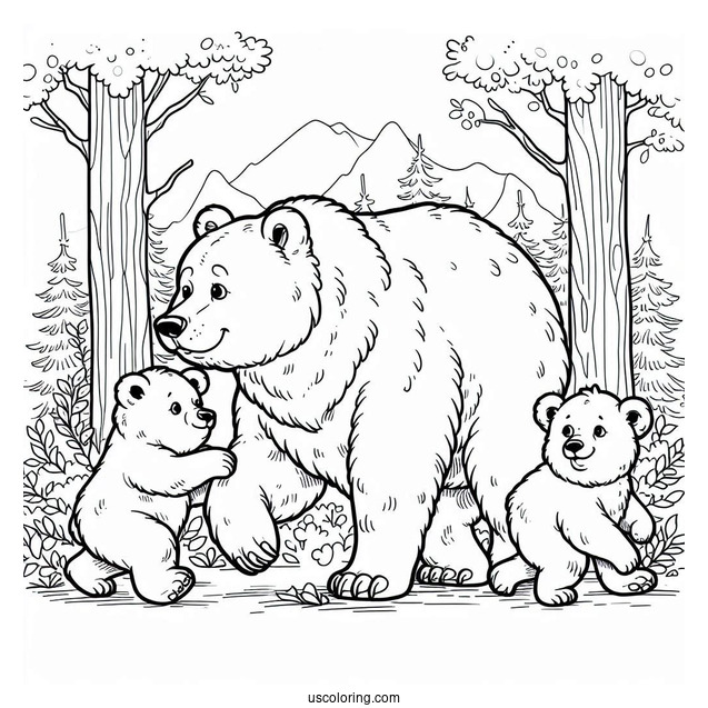 Mama Bear Coloring Page Walking With Her Two Cubs In Forest