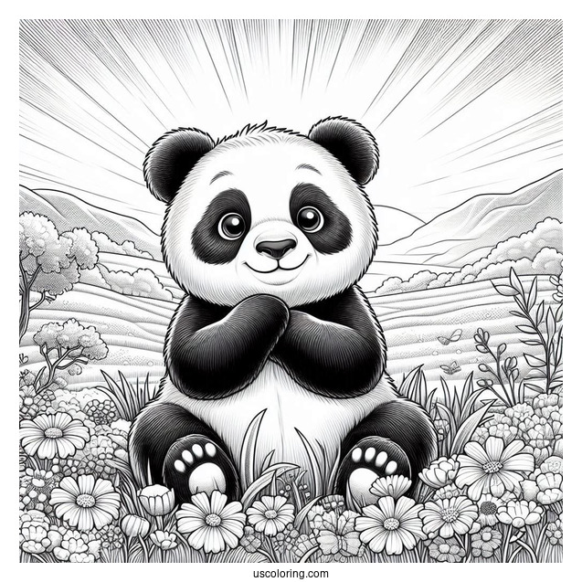 Realistic Panda Coloring Page Sitting in Flower Field with Sunrise in Background