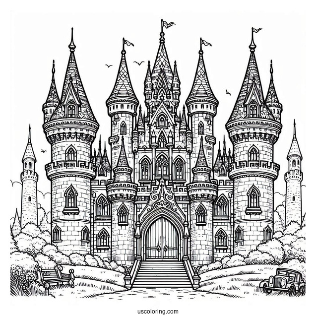 Detailed Castle Coloring Page With Towers