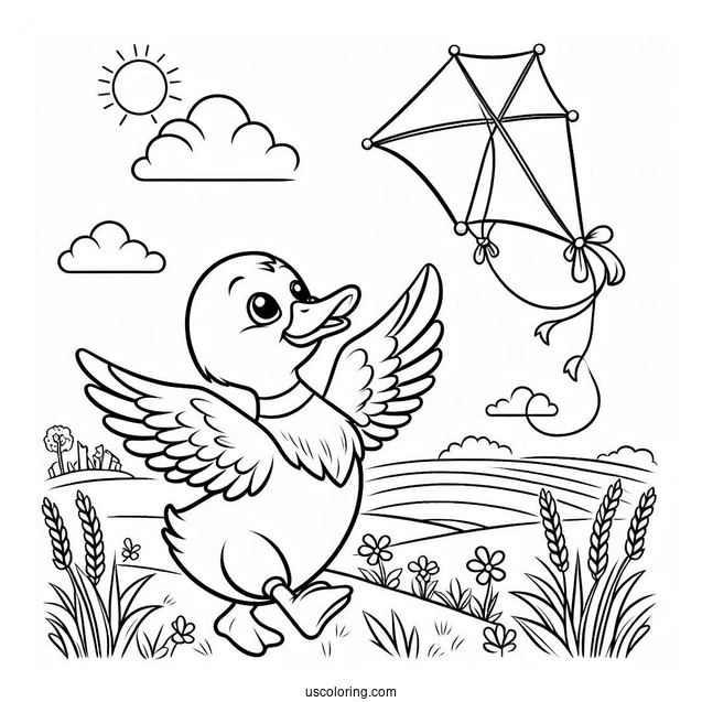 Duck Flying a Kite in the Countryside Coloring Page
