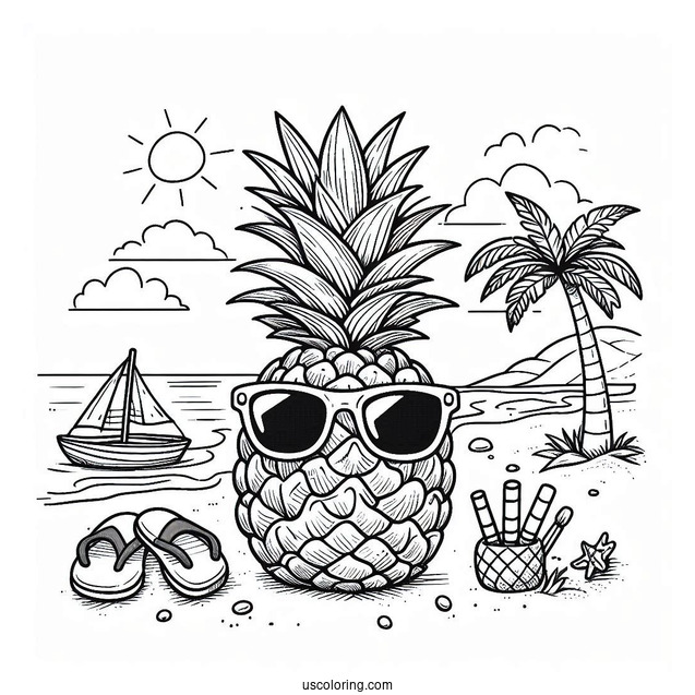 Pineapple Wearing Sunglasses On Beach Coloring Page