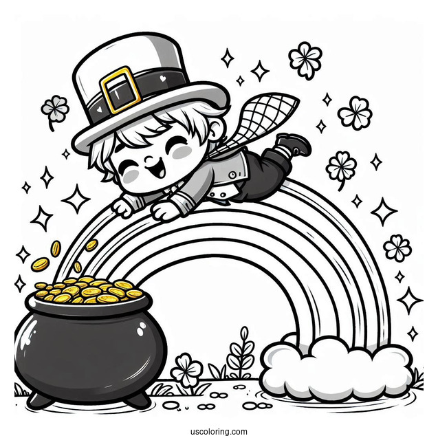 St. Patrick's Day Coloring Page Of Chibi Leprechaun Sliding Down A Rainbow To A Pot Of Gold
