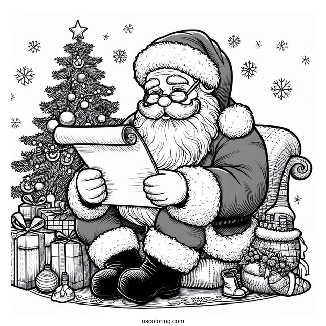 Detailed Santa Reading His List Coloring Sheet