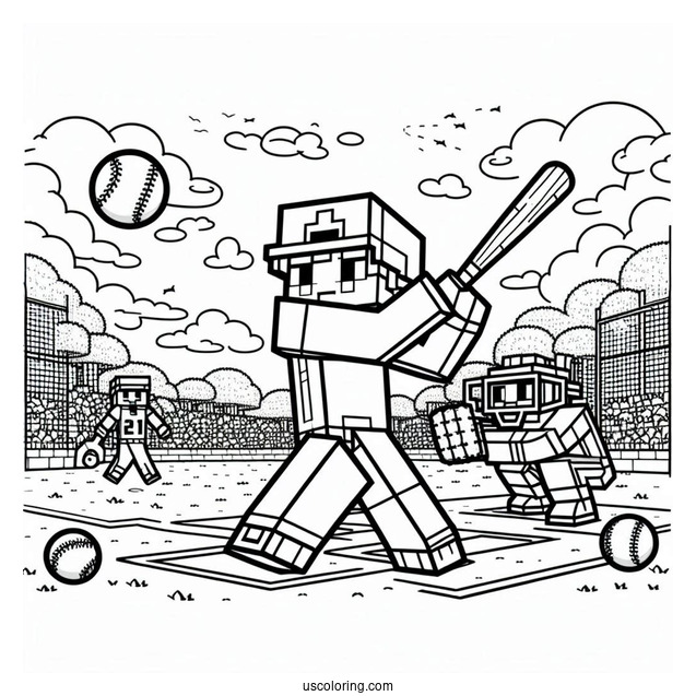 Minecraft Baseball Coloring Page Of Player Batting For Kids