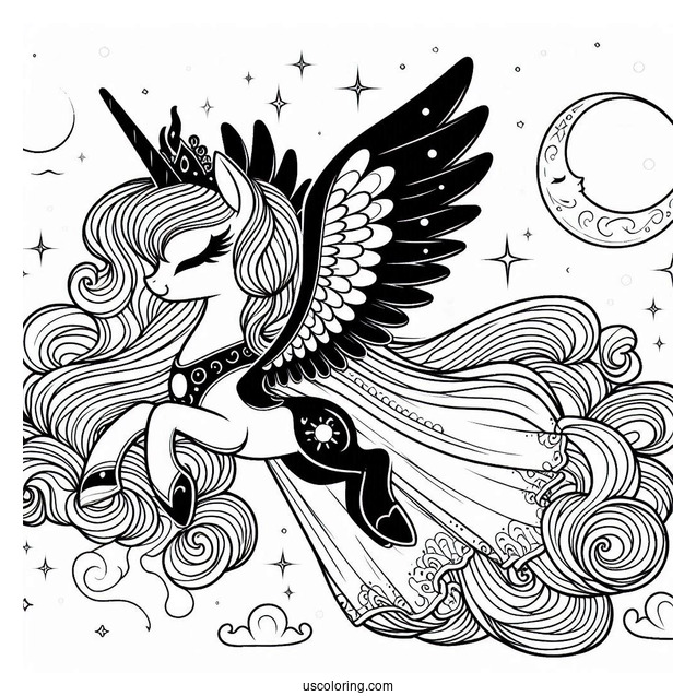 Princess Luna Coloring Page Flying At Night For Kids
