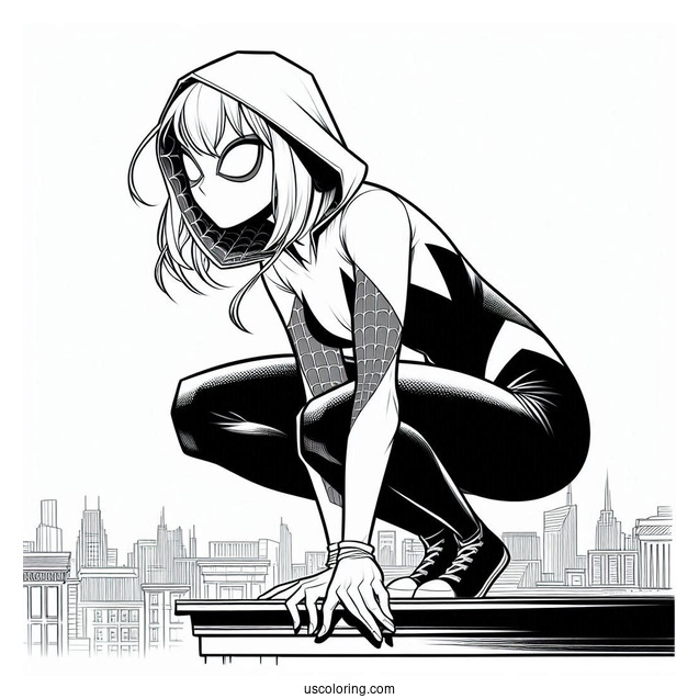 Spider-Gwen Coloring Page Crouched On The Edge Of A Roof