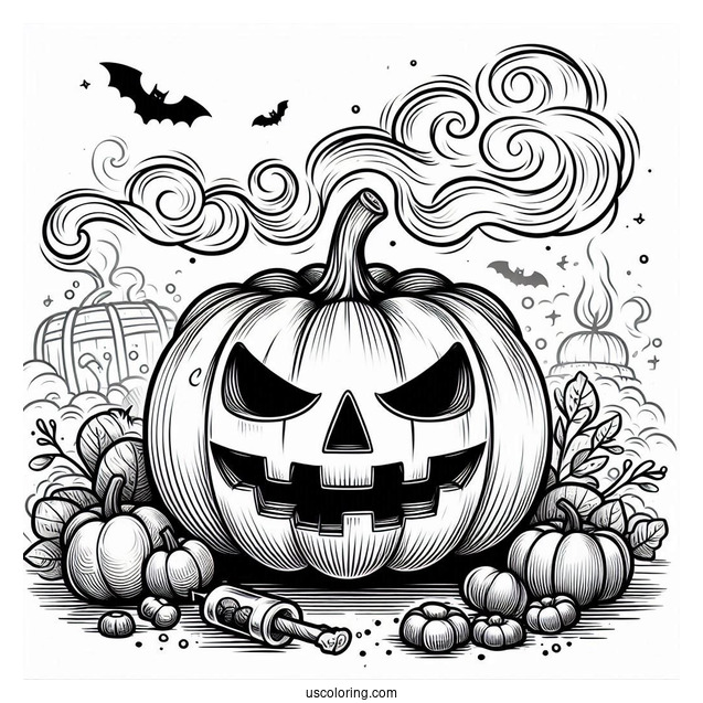 Pumpkin Coloring Page Of Jack O Lantern With Smoke Coming Out Of Its Eyes