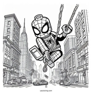 Lego Spider-Man With Webs Swinging Through City