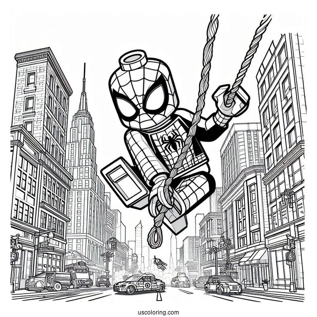 Lego Spider-Man With Webs Swinging Through City