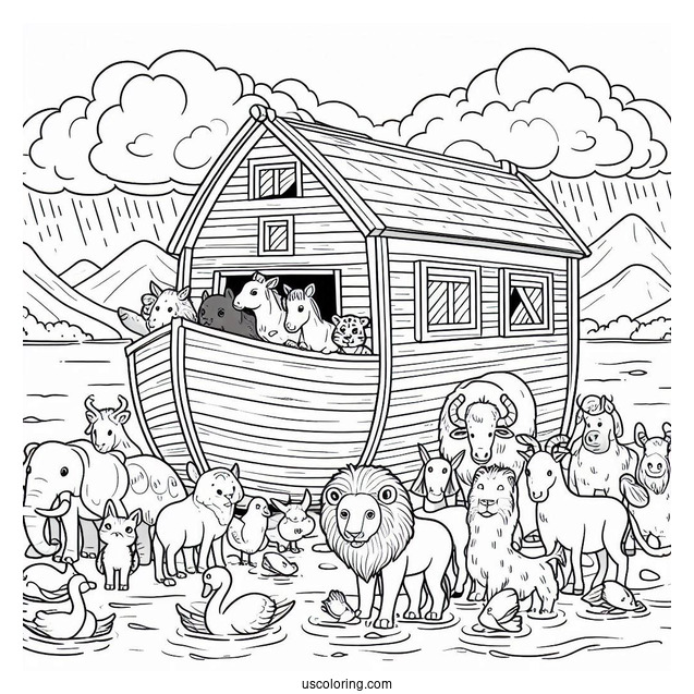 Noah's Ark Coloring Page Leading Animals Into The Ark