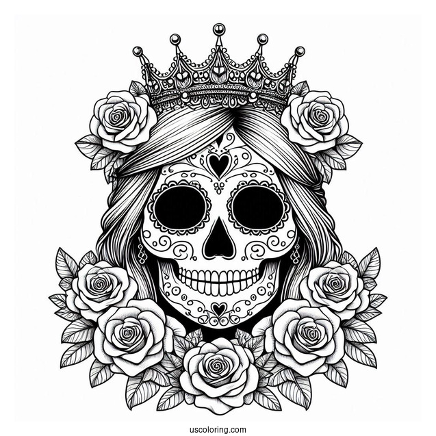 Realistic Sugar Skulls Coloring Page Costume With Tiara And Rose Wreath