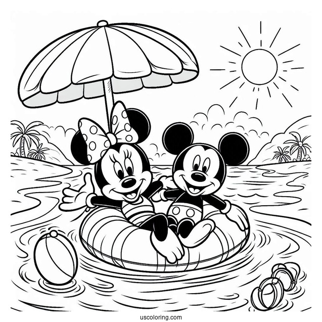 Swimming Coloring Page Of Mickey Mouse And Minnie Mouse On An Inflatable At The Beach