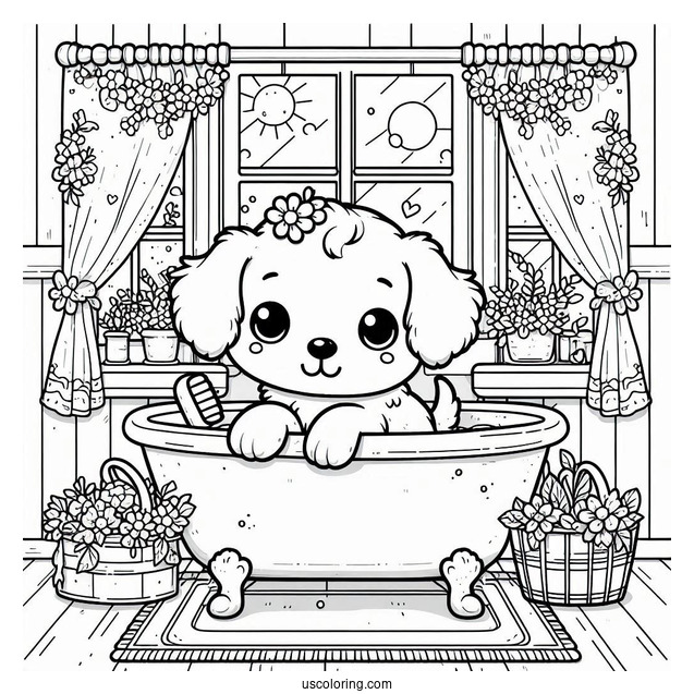 Puppy Sitting In A Bathtub By The Window Coloring Sheet