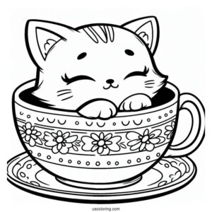 Sleepy Chibi Coloring Page Cat Resting Inside a Teacup For Preschoolers