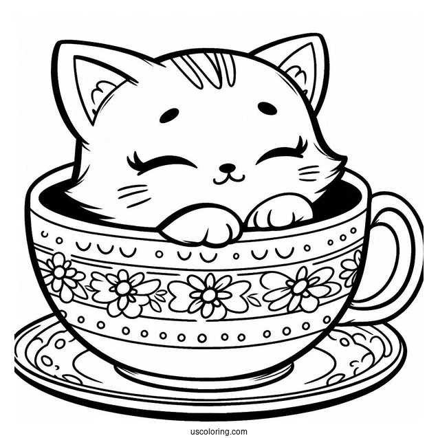 Sleepy Chibi Coloring Page Cat Resting Inside a Teacup For Preschoolers