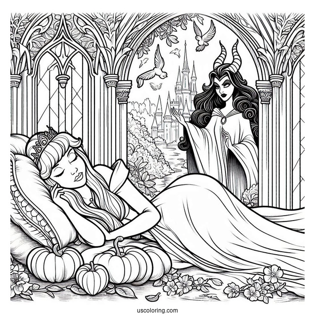Sleeping Beauty Coloring Page Of Princess Aurora Deep Asleep Outside The Castle With Maleficent And The Fairies Watching
