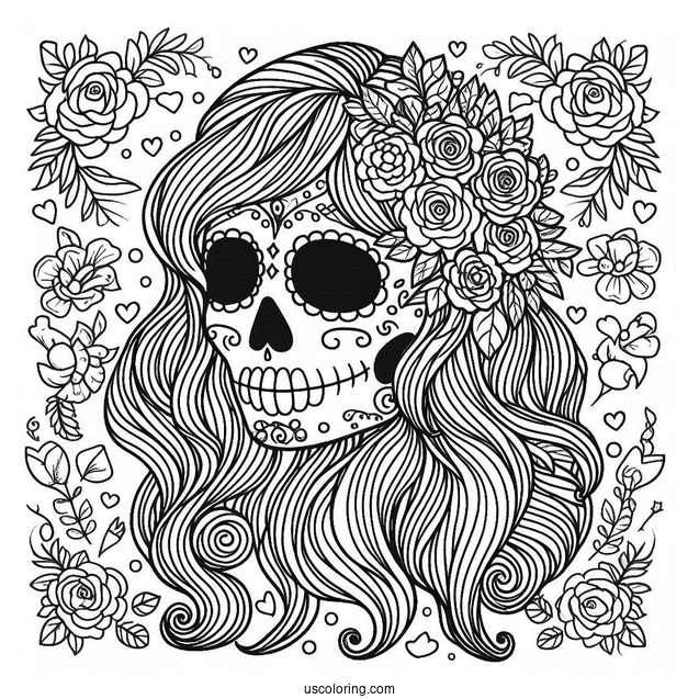 Sugar Skulls Coloring Page With Hair And Floral Background