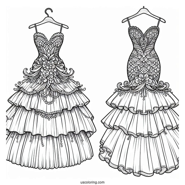 Mermaid Dress Coloring Page With Large Layered Tulle Bottom