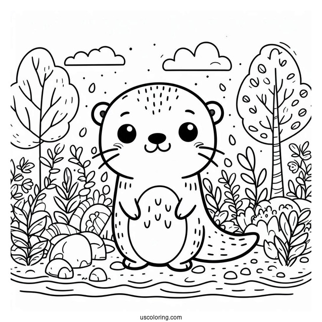 Kawaii Otter Coloring Page In The Forest For Kids