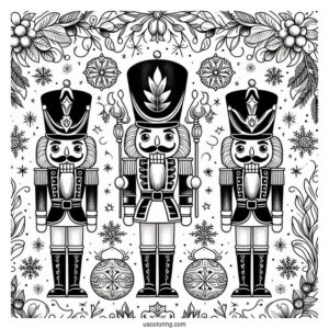 Nutcracker Coloring Page Guards With Laurels And Snowflakes In The Background