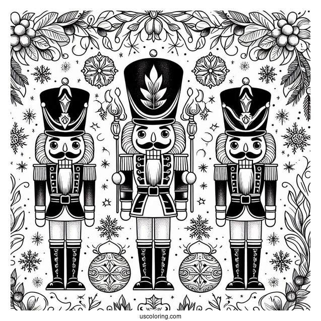 Nutcracker Coloring Page Guards With Laurels And Snowflakes In The Background